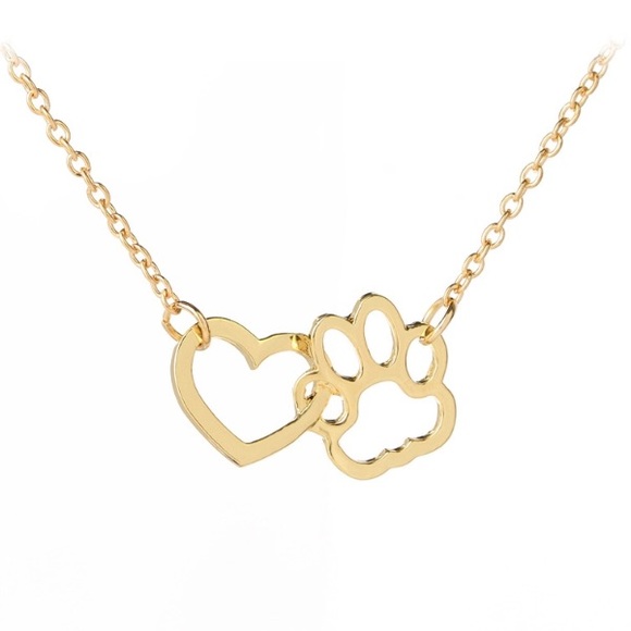 Gold Tone Interlocking Heart & Paw Print Necklace - Picture 2 of 7
